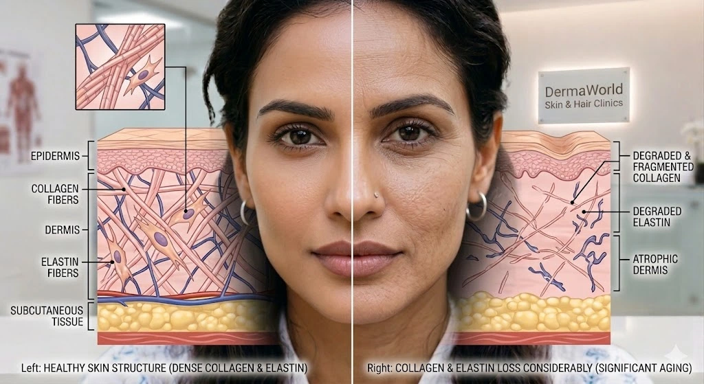 Anatomical Comparison: Healthy skin matrix (dense collagen and elastin) vs. aging skin matrix (fragmented fibers and dermal atrophy) on a woman's face, with the DermaWorld Skin & Hair Clinics sign visible in the background.