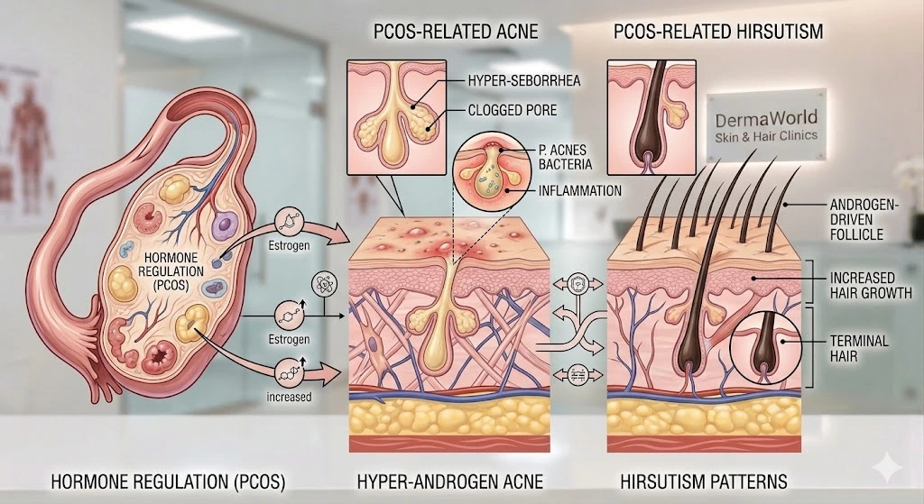 Anatomical chart showing the PCOS cascade: Hormone Regulation in the ovary, Hyper-Androgen Acne formation (hyper-seborrhea, clogged pores, inflammation), and Hirsutism Patterns (vellus hair conversion to terminal hair). The DermaWorld Skin & Hair Clinics sign is visible in the background.