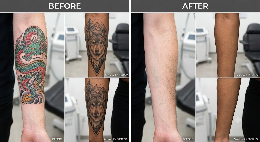 Progressive clinical clearance stages during advanced laser tattoo removal at DermaWorld