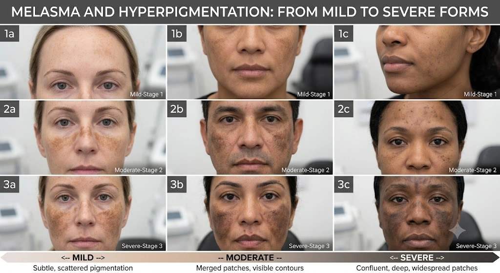 Visual classification of melasma severity from mild epidermal staging to severe dermal-vascular overlap