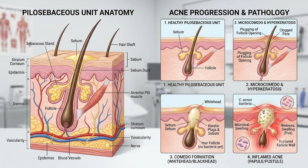 Pilosebaceous Unit Anatomy and Acne Progression Pathology Breakdown